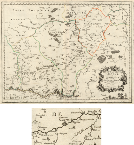 Pochodząca z wydanego w 1675 roku w Paryżu tomu II dzieła Nicolausa Sansona Cartes generales de la geographie ancienne…
etc. wyrysowana w roku 1666 mapa Małopolski z województwami krakowskim, sandomierskim i lubelskim; mapa
powstała w niespełna dekadę od wyzwolenia Krakowa i okolicy spod szwedzkiego i siedmiogrodzkiego najazdu i okupacji
w latach 1655–1657 – oraz powiększenie fragmentu mapy z Krakowem i jego bliskim sąsiedztwem
(Biblioteka Uniwersytetu Wileńskiego, zbiory Lelewela, sygn. M 1556, k. 114)