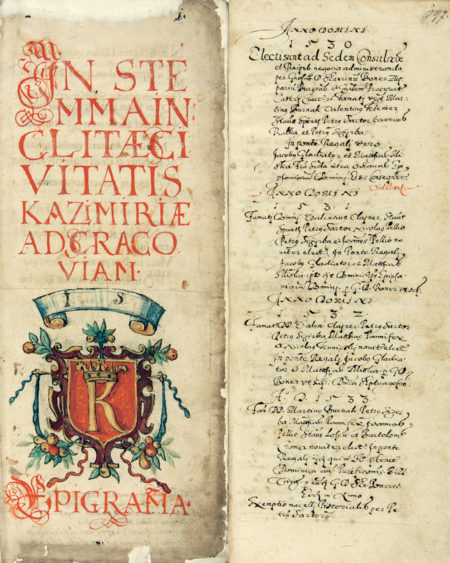 Z księgi miejskiej Kazimierza zawierającej indeks rzeczowy do kazimierskich ksiąg radzieckich z lat 1530–1603:
strona tytułowa z herbem miasta oraz strona otwierająca spis rajców urzędujących i starych w tychże latach
(Archiwum Narodowe w Krakowie, sygn. K 176, s. 1, 197)