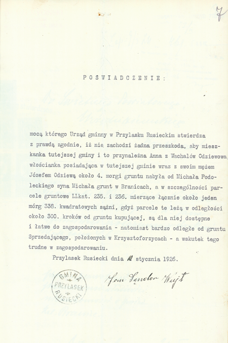 Z działalności przedwojennej gminy Przylasek Rusiecki – dokument wydany w 1926 roku
w ramach rutynowej działalności władz gminnych
(Archiwum Narodowe w Krakowie, sygn. 29/286/454, s. 7)