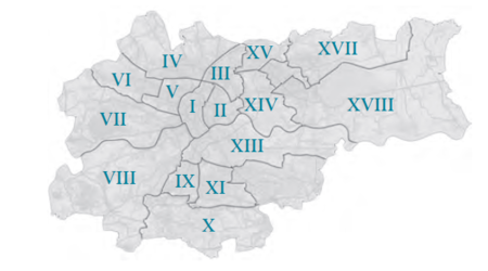 Plan konturowy podziału na dzielnice od roku 1991
na podkładzie planu miasta
przedstawionego w pełnym kształcie na s. 736