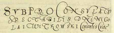 Z księgi radzieckiej obejmującej lata 1598–1601 strony 140–141 z nagłówkiem otwierającym wpisy spraw prowadzonych
za kadencji burmistrzowskiej Mikołaja Witkowskiego w 1598 roku – oraz powiększenie zapisu imienia i funkcji burmistrza
(Archiwum Państwowe w Krakowie, sygn. rkps 455, s. 140–141)