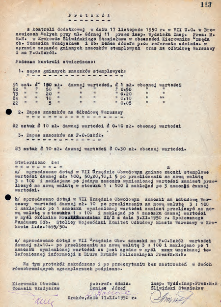 Z akt prezydialnych Miejskiej Rady Narodowej w Krakowie pochodzący z 1950 r. protokół pokontrolny
sporządzony w 1950 r. przy udziale kierownika Władysława Tomasika
(Archiwum Narodowe w Krakowie, sygn. 29-701-795, nlb)