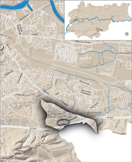 Orientacyjna lokalizacja dawnej wsi Rżąka w obecnych granicach Krakowa – na planie miasta oznaczono jej położenie
w kształcie wyznaczonym granicami jednostki katastralnej, jaką stanowiła, ze wskazaniem najstarszego, historycznego
centrum Rżąki w rejonie dzisiejszej ulicy Kosocickiej