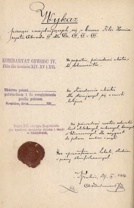 Z akt magistrackich pierwsza strona składanego w 1916 r. przez zastępcę komisarza Alfreda
Radwanka wykazu pieczęci używanych w Filii Miejskiego Komisariatu Obwodu IV
(Archiwum Narodowe w Krakowie, sygn. IT 1038, nlb)