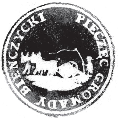 (1852)
Odciski pieczęci urzędowych Bieńczyc
z lat 1852, 1867, 1925 i 1946
(Archiwum Bazyliki św. Floriana w Krakowie,
sygn. fasc. 6; Archiwum Narodowe w Krakowie,
sygn. WMK XIV-80, s. 2078;
sygn. PUZKr 43, s. 11; sygn. UW II 391, s. 431)