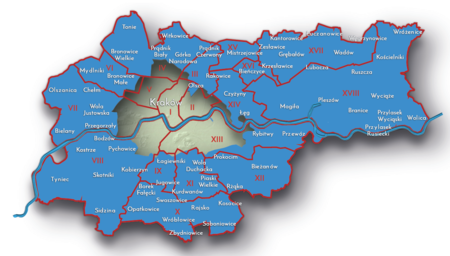 Wsie, gminy i gromady przyłączone do miasta po 1915 roku
w dzisiejszych dzielnicach samorządowych Krakowa
Orientacyjne położenie wsi, gmin i gromad przyłączonych do miasta po 1915 roku w dzisiejszych dzielnicach
samorządowych Krakowa. Granice dzielnic ustalone zostały załącznikiem do uchwały Rady Miasta Krakowa
z 27 marca 1991 roku w sprawie utworzenia w mieście Krakowie dzielnic miejskich – nie pokrywają się one
z granicami dawnych miejscowości, wchłoniętymi przez miasto w latach 1941–1986, co jest naturalne. Mowa więc
może być tylko o objęciu obszarem danej dzielnicy przeważającej części terenów określonej, dawnej miejscowości z jej
byłym centrum na czele. Istotne są tu kategorie ideowe, a nie dosłowność.