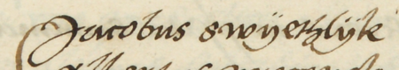 Z księgi radzieckiej Kleparza obejmującej lata 1554–1558: fragment wpisu z 1556 roku dokumentującego
wybór rady urzędującej, z rajcą-burmistrzem Jakubem Świetlikiem w składzie – zbliżenie zapisu imienia
(Archiwum Narodowe w Krakowie, sygn. KL 25, s. 218)