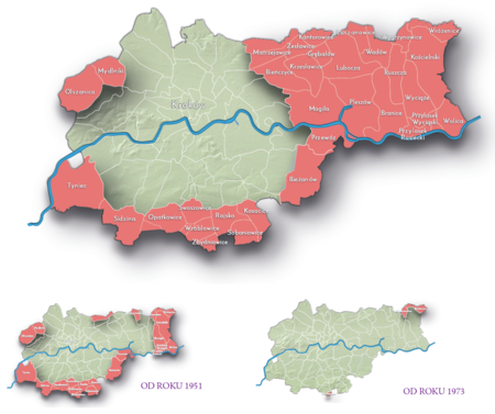 Na planie obrazującym dzisiejsze granice Krakowa miejscowości przyłączone do Krakowa po 1915 roku, oznaczone kolorem
czerwonym określającym ich przynależność państwową w latach 1945–1985 do Rzeczypospolitej Polskiej, od 1952 roku
Polskiej Rzeczypospolitej Ludowej