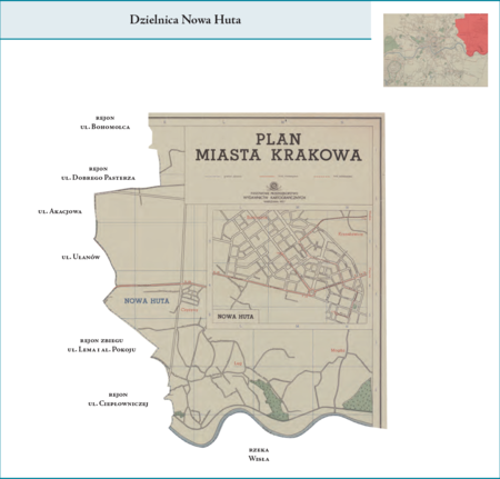 Dzielnica Nowa Huta według stanu z roku 1951 na przywołanym wcześniej planie miasta z 1957 r. – nowo utworzona dzielnica
administracyjna, dodana do dotychczasowych 10 obwodów. Na jej powierzchnię złożyły się: dzielnice katastralne XLIV–Czyżyny
i XLV–Łęg (do tej pory wchodzące w granice Obwodu V), fragmenty dzielnic katastralnych XLI–Prądnik Czerwony i XLIII–Rakowice
(do tej pory wchodzące w granice Obwodu VIII) oraz fragmenty dzielnicy katastralnej XXI–Płaszów (do tej pory wchodzące w granice Obwodu
VI), jak też tereny nowo przyłączone do Krakowa, dla których utworzono dzielnice katastralne LIII–Mogiła z Kopańcem i Kępą Przewozu,
LIV–Bieńczyce, LV–Mistrzejowice, LVI–Zesławice z Dłubnią, LVII–Kantorowice, LVIII–Krzesławice, LIX–Grębałów, LX–Lubocza,
LXI–Wadów, LXII–Pleszów z Kujawami, LXIII–Ruszcza, LXIV–Branice z Chałupkami, Holendrami i Wolą Rusiecką. Warto zwrócić
uwagę, że od chwili powstania Nowej Huty aż do przełomu ustrojowego lat 1989 i 1990 na powszechnie dostępnych planach miasta Krakowa
ze względów „bezpieczeństwa militarnego” obszar Dzielnicy Nowa Huta prezentowany był w sposób ograniczony,
w szczególności bez terenów wschodnich, gdzie znajdował się kombinat hutniczy – jest to widoczne na prezentowanym tutaj planie dzielnicy,
jak i na następnych dwóch planach. Użyte przy powyższym planie dzielnicy nazwy terenowe podano według nazewnictwa obowiązującego aktualnie.