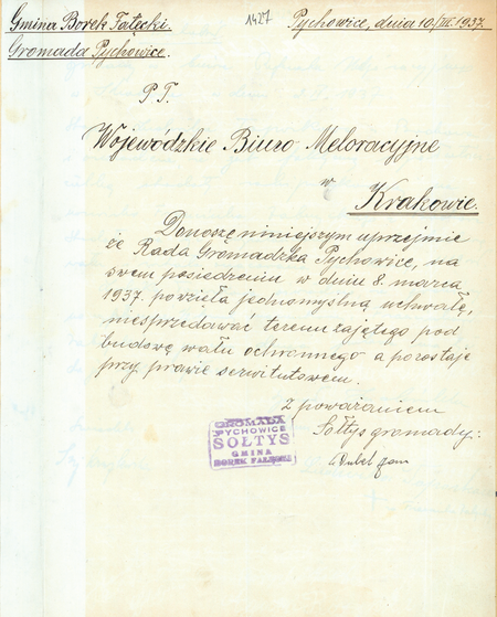 Z akt Urzędu Wojewódzkiego Krakowskiego obejmujących lata 1920–1939 dokument sporządzony w 1937 roku,
będący przykładem samorządowego rozstrzygania spraw na szczeblu najniższym, gromadzkim
(Archiwum Narodowe w Krakowie, sygn. 29/206/402, s. 1427)