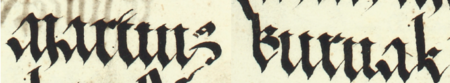 Z księgi radzieckiej Kazimierza obejmującej lata 1509–1533: fragment wpisu
dokumentującego wybór rady urzędującej na rok 1511, z Marcinem Burnakiem w składzie –
zbliżenie zapisu imienia (Archiwum Narodowe w Krakowie, sygn. K 8, s. 271)
