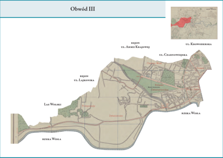 Obwód III według stanu z roku 1951 na przywołanym wcześniej planie miasta z 1957 r. – dzielnica administracyjna analogiczna
do Obwodu III z poprzedniego podziału wewnętrznego miasta, obejmująca zatem w całości tereny dzielnic katastralnych III–Nowy
Świat, IV–Piasek, XII–Półwsie Zwierzynieckie, XIII–Zwierzyniec, XIV–Czarna Wieś, XXXI–Przegorzały i XXXII–Bielany.
Użyte przy powyższym planie dzielnicy nazwy terenowe podano według nazewnictwa obowiązującego aktualnie.