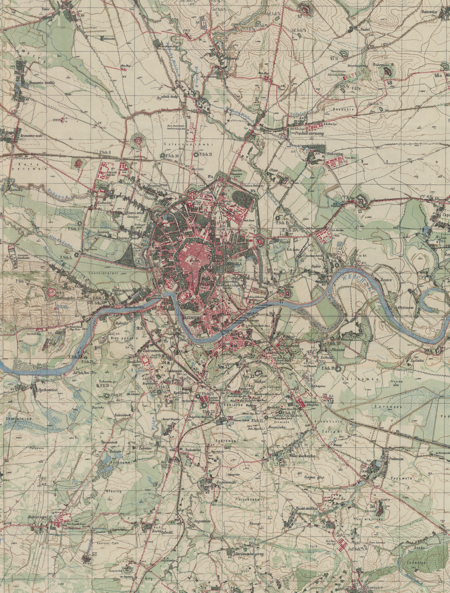 Centralny fragment mapy przeglądowej Krakowa i jego okolic sporządzonej w 1914 roku dla celów wojskowych –
zawiera między innymi ewidencję fortów (Archiwum Narodowe w Krakowie, sygn. Zb. Kart. III-9)