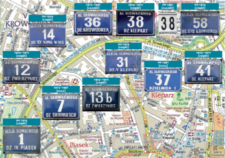 Na fragmencie planu Kraków Wydawnictwa Gauss s.c. w Krakowie, wydanie XIV, 2016/17 r., przegląd rodzajów tabliczek
orientacyjnych wzdłuż losowo dobranej al. Słowackiego, według stanu z lutego 2018 r. – dokonany dla przybliżenia
tych drobnych reliktów przeszłości codziennie mijanych na ulicach Krakowa, ale i ukazania złożonej przynależności dzielnicowej
krakowskich ulic na przestrzeni ostatnich dziesięcioleci.
Ta część Alei Trzech Wieszczów ukształtowana została w latach 30. XX w. Jak w całym mieście obowiązuje tam numeracja
orientacyjna według zasad wprowadzonych w Krakowie jeszcze w 1881 r., numery domów nie zmieniały się. Zmieniała się
natomiast przynależność dzielnicowa uwidaczniana na tabliczkach z numerami. Zmiany te przebiegały następująco:
LEWA STRONA – PARZYSTA:
• do roku 1954 – część od pl. Inwalidów do ul. Grottgera w dz. kat. XV Nowa Wieś,
dalsza część w dz. kat. XVII Krowodrza,
• w latach 1954–1972 – część od pl. Inwalidów do ul. Grottgera w dz. Zwierzyniec, część w dz. Kleparz,
• w latach 1973–1991 – całość tej strony alei w dz. Krowodrza,
• od roku 1991 – całość tej strony alei w dz. V, od 2006 r. z nazwą Krowodrza.
PRAWA STRONA – NIEPARZYSTA:
• do roku 1954 – część od ul. Karmelickiej do ul. Krowoderskiej w dz. kat. IV Piasek, dalsza część w dz. kat. V Kleparz,
• lata 1954–1972 – część od ul. Karmelickiej do ul. Krowoderskiej w dz. Zwierzyniec, dalsza część w dz. Kleparz,
• lata 1973–1991 – całość tej strony alei w dz. Śródmieście,
• od roku 1991 – całość tej strony alei w dz. I, od 2006 r. z nazwą Śródmieście.
I tak na al. Słowackiego, po obu jej stronach, zidentyfikowano na frontonach kamienic cały, bez wyjątku, komplet różnych rodzajów
tabliczek, obowiązujących od utworzenia tego ciągu komunikacyjnego do chwili obecnej. Zatem jest to pełny przegląd
zmian przynależności dzielnicowej poszczególnych fragmentów alei w trakcie jej – niedługo już – stuletniego istnienia. Co
więcej, stare, historyczne już tabliczki z różnych okresów służą nadal, zresztą jako jedyne w przypadku znakomitej większości
tamtejszych kamienic – sama numeracja, jak powiedziano już, nie zmieniła się, a zmiany przynależności dzielnicowej, jak
widać, były i są uwidaczniane na domach od przypadku do przypadku. Dość wskazać, że na łączną liczbę 56 domów położonych
przy al. Słowackiego tylko na 10 znajdują się aktualne tabliczki orientacyjne z prawidłowym wskazaniem dzielnicy.