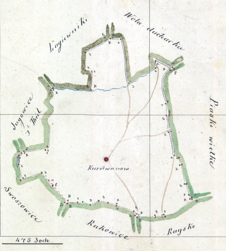 Fragment centrum Kurdwanowa na mapie katastralnej sporządzonej dla gminy katastralnej Kurdwanów w 1847 roku oraz
wykonany w 1847 roku plan sytuacyjny z wyrysowanymi granicami gminy Kurdwanów oraz lokalizacją gmin sąsiadujących
(Archiwum Narodowe w Krakowie, sygn. K. Krak. 302 II; sygn. K. Krak. op. 76, s. 1)