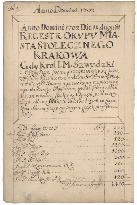 (187) Karta tytułowa księgi miejskiej z 1702 r. zatytułowanej Regestr Okupu Miasta Stołecznego Krakowa Gdy Król I.M. Szwedzki z Woyskiem
Swoim przeprawiwszy się przez Wisłę od Kazimierza w dzień S. Wawrzyńca że mu prętko Bramy nieotworzono…; miasto w upadku, ograbione
okupem, ale stołeczność eksponowana – boso, ale w ostrogach! (ANK, sygn. rkps. 2949)