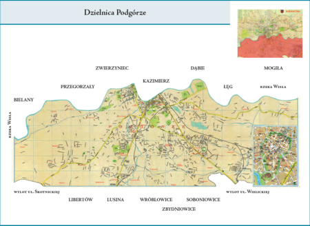 Dzielnica Podgórze według stanu z roku 1973 na przywołanym wcześniej planie miasta z 1979 r. – dzielnica, podobnie jak
w przypadku Nowej Huty, znacznie powiększona w 1973 r. Granicami Dzielnicy Podgórze objęto wówczas: Przewóz,
Bieżanów (część nieprzyłączoną w 1941 r.), Kosocice, Soboniowice, Rajsko, Swoszowice, Wróblowice, Opatkowice, Sidzinę
i Tyniec, jak również fragmenty terenów Zbydniowic, Lusiny i Libertowa. Obszar Dzielnicy Podgórze powiększono,
tym razem nieznacznie, w 1986 r., gdy przyłączono do miasta, a w efekcie do tej dzielnicy, pozostałą część Zbydniowic.
Opis przebiegu granic tej dzielnicy z roku 1973 podano na s. 719.