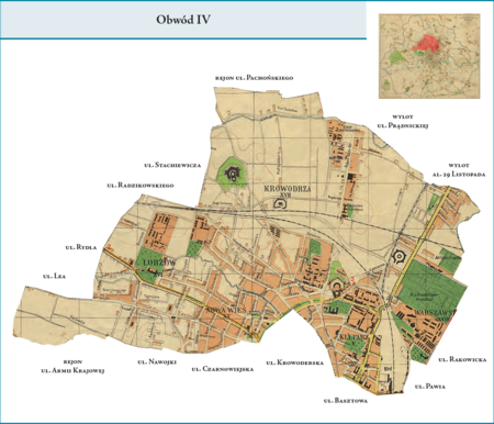 Obwód IV według stanu z roku 1941 na przywołanym wcześniej planie miasta z 1943 r. – dzielnica administracyjna obejmująca
w całości tereny dzielnic katastralnych V–Kleparz, XV–Nowa Wieś Narodowa, XVI–Łobzów i XVII–Krowodrza oraz w części
teren dzielnicy katastralnej XVIII–Warszawskie (pozostała część tej dzielnicy katastralnej wchodziła w obszar Obwodu V).
Granice tego Obwodu w zasadzie odpowiadały granicom Obwodu IV z poprzedniego podziału wewnętrznego miasta, istotniejsze
różnice dotyczyły terenów dworca kolejowego (teraz w granicach tego Obwodu, włączone z dawnego Obwodu V) oraz terenów między
ul. Rakowicką i al. Beliny-Prażmowskiego (dawniej w granicach Obwodu IV, teraz przydzielone do Obwodu V).
Użyte przy powyższym planie obwodu nazwy terenowe podano według nazewnictwa obowiązującego aktualnie.