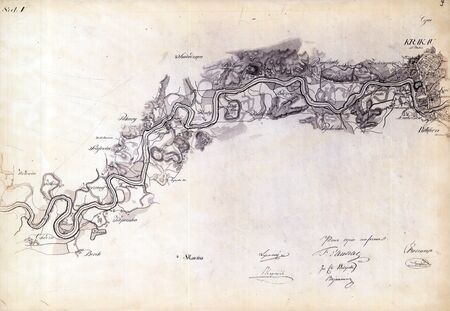 Jeden z zachowanych arkuszy planu demarkacyjnego Wolnego Miasta Krakowa i Jego Okręgu – w tym przypadku granica między miastem i jego okręgiem a Austrią (Galicją) na odcinku między Krakowem i Podgórzem na wschodzie a Wołowicami i Ochodzą na zachodzie, biegnąca głównym nurtem rzeki Wisły. Pod planem podpisy członków komisji demarkacyjnej, wśród nich obdarzeni za tę pracę w 1819 r. tytułami honorowych obywateli WMK: z ramienia Austrii baron Emanuel Lipowski i major Emmerich von Blagoevich, z ramienia Rosji gen. Fryderyk August Filip d’Auvray i ppłk Adam Bojanowicz oraz z ramienia Prus Fryderyk Adolf Boscamp.