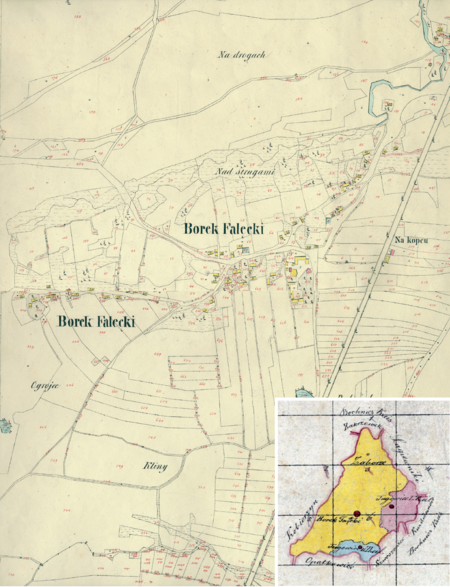 Centrum Borku Fałęckiego na mapie katastralnej sporządzonej dla gminy katastralnej Borek Fałęcki w 1848 roku oraz
pochodzący z 1845 roku plan sytuacyjny z wyrysowanymi granicami gminy Borek Fałęcki i lokalizacją gmin sąsiadujących
(Archiwum Narodowe w Krakowie, sygn. K. Krak. 56 III, IV; sygn. 29/280/938, k. 1)