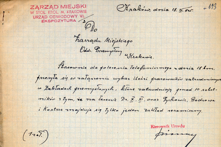 Z akt magistrackich Korespondencja ogólna dotycząca spraw administracyjno-przemysłowych wykazy
i kwestionariusze zakładów przemysłowych oraz zakładów przemysłu gospodniego (hoteli i pensjonatów)
1945–1946 notatka służbowa sporządzona w 1945 r. przez kierownika Józefa Bernego
(Archiwum Narodowe w Krakowie, sygn. 29-699-437, s. 17)