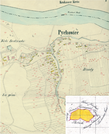 Centrum Pychowic na mapie katastralnej sporządzonej dla gminy katastralnej Pychowice w 1849 roku oraz pochodzący
z 1845 roku plan sytuacyjny z wyrysowanymi granicami gminy Pychowice oraz lokalizacją gmin sąsiadujących
(Archiwum Narodowe w Krakowie, sygn. K. Krak. 497 II; sygn. 29/280/1379, k. 1)