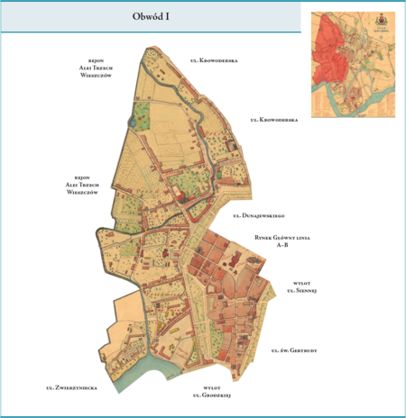 Obwód I według stanu z roku 1855 na przywołanym wcześniej planie miasta z 1879 r. – dzielnica ukształtowana na terenach
poprzednich cyrkułów–obwodów I, II i IV, jednak z istotnymi korektami. Objęła obszar najstarszej części miasta w obrębie
murów od linii ul. Szczepańskiej, linii A–B Rynku Głównego i linii ul. Siennej na południe, do Wawelu, jednak bez wzgórza
i Zamku. Ponadto objęła cały zachodni teren miasta do Wisły, od ul. Krowoderskiej na północy po ul. Podzamcze na południu,
czyli Przedmieścia Piasek i Nowy Świat. Co do zasady ten kształt dzielnicy–Obwodu I przetrwa ponad 80 lat, do roku 1938.
Użyte przy powyższym planie dzielnicy nazwy terenowe podano według nazewnictwa obowiązującego aktualnie.