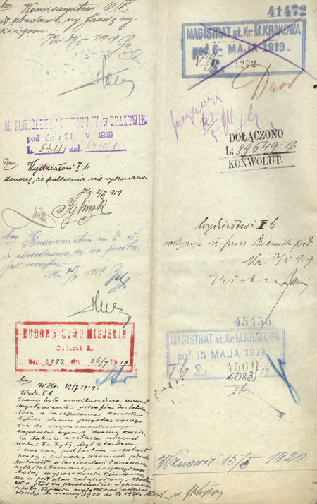 Z akt magistrackich Towarzystwo Urzędników – budowa willi przy kościele św. Salwatora
w Dzielnicy XIII 1911–1925 informacja złożona w 1919 r. przez zastępcę komisarza
Stanisława Franciszka Iglińskiego w sprawie niewykonania zaleceń pokontrolnych
(Archiwum Narodowe w Krakowie, sygn. Kr 7689, nlb)