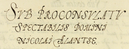 Z księgi radzieckiej obejmującej lata 1594–1597 strony 56–57 z nagłówkiem otwierającym wpisy spraw prowadzonych
za kadencji burmistrzowskiej Mikołaja Alantsee w 1594 roku – oraz powiększenie zapisu imienia i funkcji burmistrza
(Archiwum Państwowe w Krakowie, sygn. rkps 454, s. 56–57)