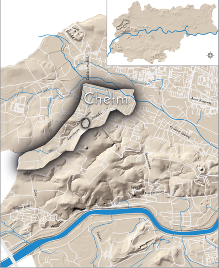Orientacyjna lokalizacja dawnej wsi Chełm w obecnych granicach Krakowa – na planie miasta oznaczono jej położenie
w kształcie wyznaczonym granicami jednostki katastralnej, jaką stanowiła, ze wskazaniem najstarszego, historycznego
centrum Chełmu w rejonie dzisiejszych ulic Zakamycze i Oświęcimskiej
