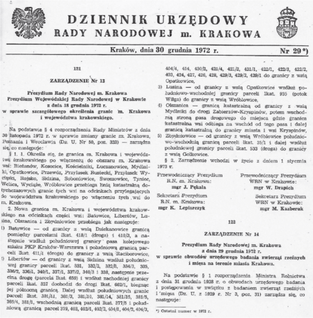 Pełny tekst zarządzenia Nr 13 Prezydium Rady Narodowej m. Krakowa i Prezydium Wojewódzkiej Rady Narodowej w Krakowie
z 18 grudnia 1972 roku w sprawie szczegółowego określenia granic m. Krakowa i województwa krakowskiego, opublikowanego
w Dzienniku Urzędowym Rady Narodowej m. Krakowa z 1972 roku, Nr 29*, poz. 121
(z zasobów Urzędu Miasta Krakowa)