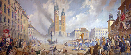 Zygmunt Wierciak, Rynek krakowski w dniu 26 kwietnia 1848 roku (fragment) –
scena z wydarzeń Wiosny Ludów w Krakowie, Austriacy tłumią zamieszki uliczne
po uprzednim zbombardowaniu miasta. Europejski wymiar rewolucyjnego
zrywu Wiosny Ludów utorował drogę do powstania w Krakowie
Tymczasowej Rady Miejskiej pochodzącej z wyborów.