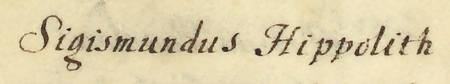 Z urzędowego spisu rajców obejmującego lata 1363–1802 strony 18–19 ze spisem rajców z lat 1618–1649,
gdzie pod rokiem 1647 (pomyłka pisarza, winno być 1648) zapisano Zygmunta Hippolitha – oraz powiększenie zapisu imienia
(Archiwum Państwowe w Krakowie, sygn. rkps 1477, s. 18–19)