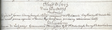 Z sentencjonarza obrad Senatu Rządzącego Wolnego Miasta Krakowa wpis z 1824 r.
dotyczący p.o. wójta Michała Mohra
(Archiwum Narodowe w Krakowie, sygn. WMK IV-11, s. 175)