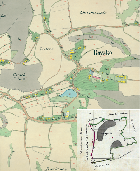 Centrum Rajska na mapie katastralnej sporządzonej dla gminy katastralnej Rajsko w 1849 roku oraz pochodzący
z 1847 roku plan sytuacyjny z wyrysowanymi granicami gminy Rajsko oraz lokalizacją gmin sąsiadujących
(Archiwum Narodowe w Krakowie, sygn. K. Krak. 514 IV; sygn. K. Krak. op. 128, s. 1)