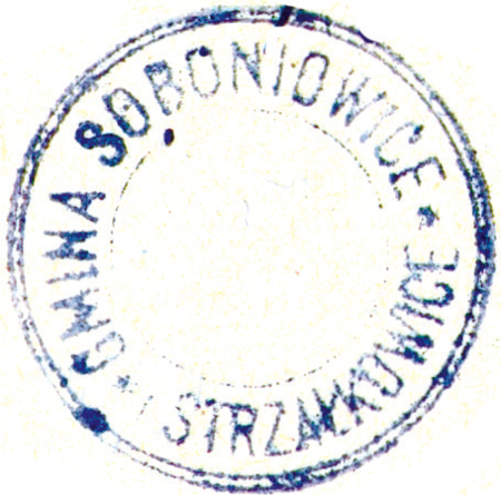 (1924)
Odciski pieczęci urzędowych Soboniowic
z lat 1924 i 1946
(Archiwum Narodowe w Krakowie,
sygn. PUZKr 57, nlb.; sygn. UW II 392, s. 287)