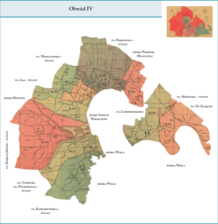 Obwód IV według stanu z roku 1924 na przywołanym wcześniej planie miasta z 1925 r. – tę dzielnicę administracyjną
stanowiły tereny przyłączone do Krakowa w latach 1910–1911 (bez Ludwinowa, włączonego do Obwodu V),
to jest dzielnice katastralne: X–Zakrzówek z Kapelanką, XI–Dębniki z Rybakami, XII–Półwsie Zwierzynieckie,
XIII–Zwierzyniec, XIV–Czarna Wieś z Kawiorami, XV–Nowa Wieś Narodowa, XVI–Łobzów, XVII–Krowodrza,
XVIII–Warszawskie, XIX–Grzegórzki–Piaski, XX–Dąbie z Beszczem i Głębinowem. Użyte przy powyższym planie
dzielnicy nazwy terenowe podano według nazewnictwa obowiązującego aktualnie.