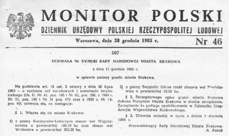 Pełny tekst uchwały Nr XV/68/85 Rady Narodowej Miasta Krakowa z 11 grudnia 1985 roku
w sprawie zmiany granic miasta Krakowa, opublikowanej w Monitorze Polskim z 1985 roku, Nr 46, poz. 307
(z zasobów Urzędu Miasta Krakowa)