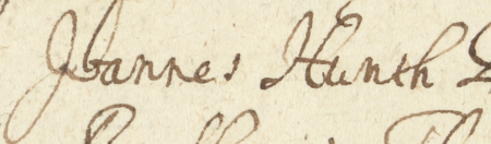 Z księgi grodzkiej krakowskiej obejmującej lata 1647–1648: fragment wpisu z 1647 roku stanowiącego oblatę aktu wydanego
przez Władysława IV Wazę w Warszawie w 1646 roku potwierdzenia statutu cechu kleparskich kowali i ślusarzy,
z przywołaniem zatwierdzenia tego statutu z roku 1490 przez rajców kleparskich, z Janem Hunthem w składzie –
zbliżenie zapisu imienia (Archiwum Narodowe w Krakowie, sygn. CCR 74, s. 1492)