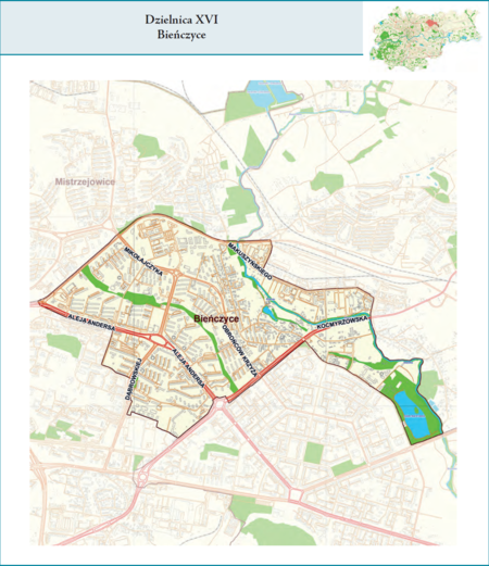 Dzielnica XVI Bieńczyce według stanu z 2017 r. na przywołanym wcześniej planie miasta z tego samego roku – dzielnica samorządowa
o powierzchni 3,7 km² (udział 1,13% w całej powierzchni miasta), położona na terenach historycznych jednostek katastralnych: po części
Bieńczyc, po części Krzesławic, fragmentem Mistrzejowic (vide plan na s. 239).
Opis przebiegu granic tej dzielnicy podano na następnej stronie.