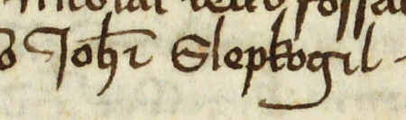 Z księgi ławniczej obejmującej lata 1431–1446 strony 42–43 z wpisem 1432 roku, stwierdzającym, że w sobotę, w dzień św. Anny,
złotnik Jan Lubhard dokonał rezygnacji z domu położonego przez bramą Mikołajską wraz z połową grzywny czynszu ziemskiego
na rzecz Jana Slepkugila – oraz powiększenie zapisu imienia (Archiwum Państwowe w Krakowie, sygn. rkps 6, s. 42–43)