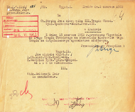 Z akt prezydialnych dokument z roku 1953 – podpisane przez przewodniczącego Prezydium Miejskiej
Rady Narodowej Marcina Waligórę przeniesienie kierownika Jana Stręka z Urzędu Obwodowego III
do Urzędu Obwodowego I z zachowaniem dotychczasowego kierowniczego stanowiska
(Archiwum Zakładowe Urzędu Miasta Krakowa)