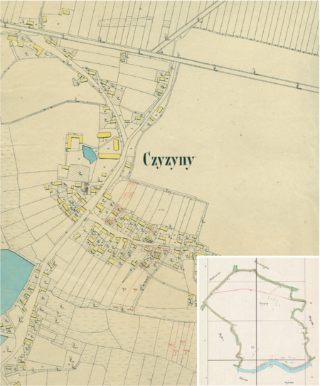 Centrum Czyżyn na mapie katastralnej sporządzonej dla gminy katastralnej Czyżyny w 1850 roku oraz pochodzący
z lat 1847–1848 plan sytuacyjny z wyrysowanymi granicami gminy Czyżyny z Łęgiem i lokalizacją gmin sąsiadujących
(Archiwum Narodowe w Krakowie, sygn. K. Krak. 128-III; WM 562, s. 915)