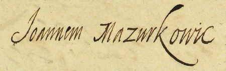 Z księgi radzieckiej obejmującej lata 1630–1637 strony 1655–1656 z wykazem rajców urzędujących
nominowanych na rok 1637, wśród których znajduje się Jan Mazurkowic – oraz powiększenie zapisu imienia
(Archiwum Państwowe w Krakowie, sygn. rkps 460, s. 1655–1656)