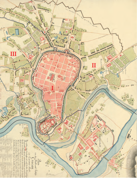 Podział miasta na 3 wydziały w roku 1794 oraz w latach 1794–1802 na Planie miasta Krakowa i zamku
krakowskiego oraz miasta Kazimierza z 1794 r. Podstawa rysunku granic wydziałów: vide s. 88
(Staatsbibliothek zu Berlin, Kartenabteilung, sygn. SBB III C, Kart X, 38027)