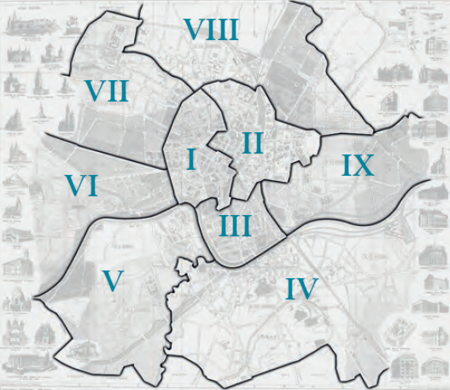 Plan konturowy podziału na obwody w latach 1928–1937 według
stanu z listopada 1928 r. na podkładzie planu miasta
przedstawionego w pełnym kształcie na s. 536