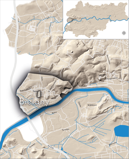 Orientacyjna lokalizacja dawnej wsi Bielany w obecnych granicach Krakowa – na planie miasta oznaczono jej położenie w kształcie wyznaczonym granicami jednostki katastralnej, jaką stanowiła, ze wskazaniem najstarszego, historycznego centrum Bielan w rejoni