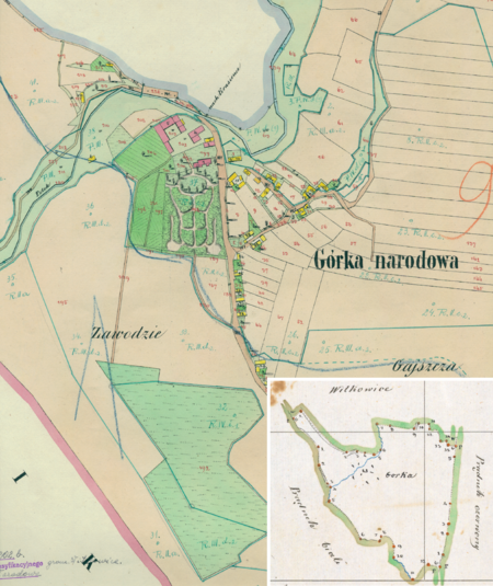 Centrum Górki Narodowej na mapie katastralnej sporządzonej dla gminy katastralnej Górka Narodowa w 1850 roku oraz
pochodzący z 1847 roku plan sytuacyjny z wyrysowanymi granicami gminy Górka Narodowa i lokalizacją gmin sąsiadujących
(Archiwum Narodowe w Krakowie, sygn. K. Krak. 176 II; sygn. WM 562, s. 1177)