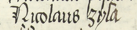 Z księgi radzieckiej Kazimierza obejmującej lata 1481–1508: fragment wpisu dokumentującego
wybór rady urzędującej na rok 1487, z Mikołajem Zylą w składzie – oraz zbliżenie zapisu imienia
(Archiwum Narodowe w Krakowie, sygn. K 7, s. 107)