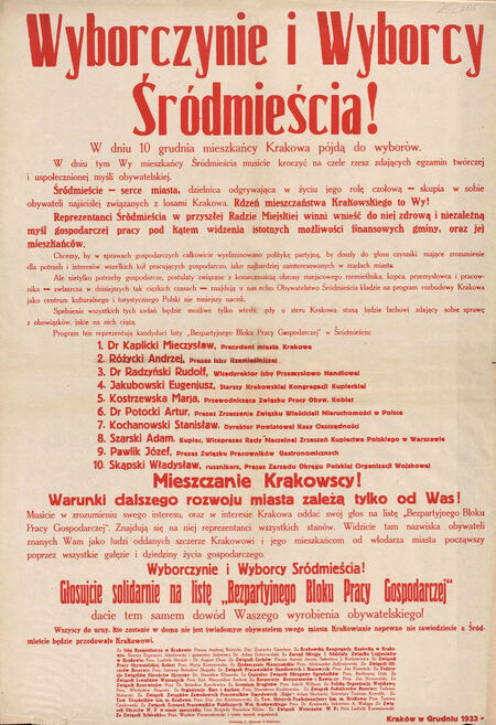 Afisz z kampanii przed wyborami do krakowskiej Rady Miejskiej,
które przeprowadzono 10 grudnia 1933 roku.